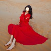 The new spring and summer in long sleeve dress restoring ancient ways female red skirt waist desert