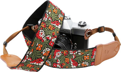 Padwa Lifestyle Camera Strap for All DSLR / SLR Cameras,Double Layer Cowhide Ends,2"Wide Pure Cotton Embroidered Woven Camera Strap,Adjustable Universal Neck &amp; Shoulder Strap,Gift for Photographers（Green Flower） B# - Green Flower 2 inch Wide / Ad