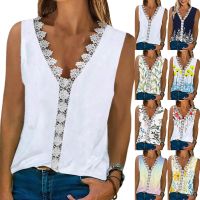 ♤  Oversized S-5XL Women Loose Sleeveless T-shirts Casual Female Lace Hollow Out Floral Print Vests ZC385