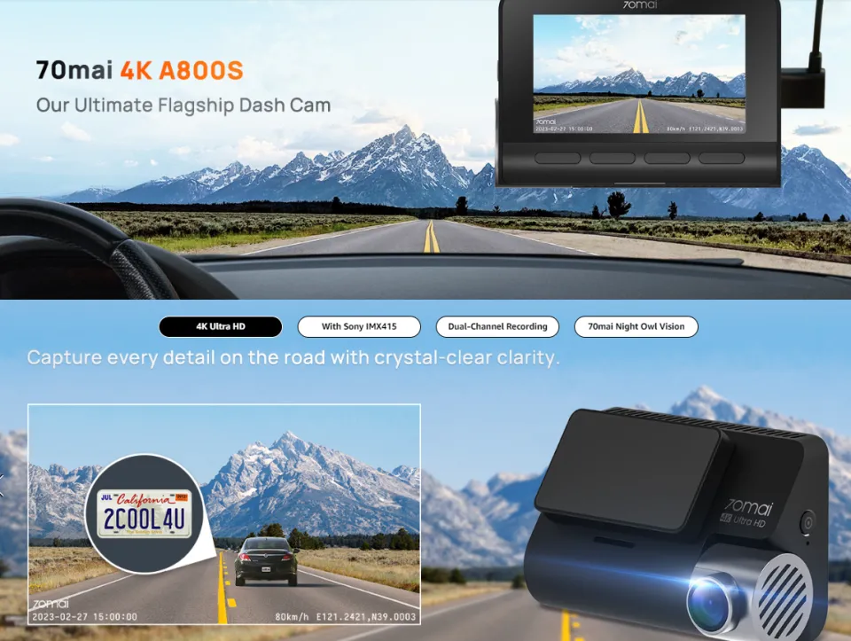 70mai True 4K Dash Cam A800S with Sony IMX415, Front and Rear, Built in  GPS, Super Night Vision, 3'' IPS LCD, Parking Mode, ADAS, Loop Recording