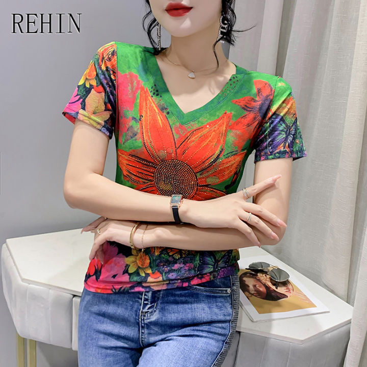 rehin-เสื้อยืดแขนสั้นคอวีสำหรับผู้หญิง-เสื้อสตรีพิมพ์ลายแฟชั่นเสื้อผู้หญิงอินเทรนด์แบบยืดได้