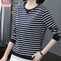 MAOZHUXIA Round neck printed loose temperament large size striped long-sleeved T-shirt