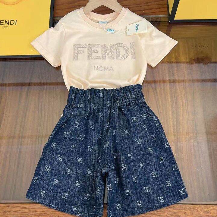 fendi-ผ้าฝ้ายเด็กสูทเด็กชายและเด็กหญิงแขนสั้นพิมพ์โลโก้เสื้อ-กางเกงขาสั้นสูทสำหรับเด็ก