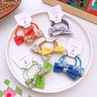 ♕▪ Spring Summer 2PCS Set Cloth Print Flower Color Small Bow Elastic Hair Band Girl Kids Cute Kawaii Sweet Fairy Rubber Ties Ring