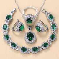 925 Sterling Silver Necklace And Earrings Jewelry Sets For Women Fashion Accessories Green Zircon Charm Bracelet And Ring Sets