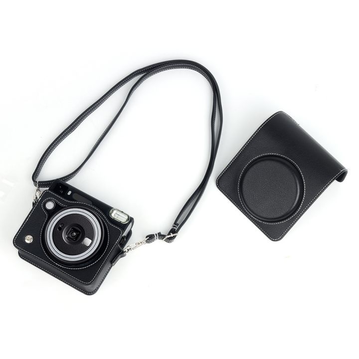 สีดำย้อนยุคเคสกล้องจิ๋วนิ่มอุปกรณ์สวมครอบพร้อมสายคล้องไหล่กระเป๋าหนัง-pu-สำหรับ-instax-sq40เคสกล้อง
