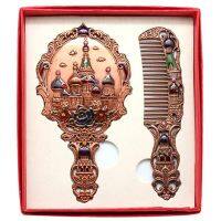 Womens Vintage Castle Portable Cosmetic Mirror Russian Style Handle Mirror Set with Comb for Girls Mirrors