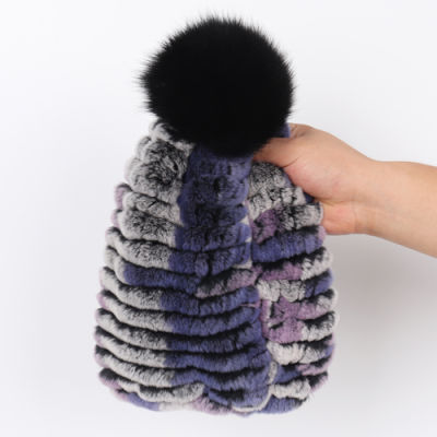 Good Elastic Real Fur Caps Female Real Rex Rabbit Fur Beanies Hat Women Winter Warm Knitted Natural Big Fox Fur Pompoms Hats