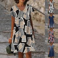 2022 Summer Elegant Womens Abstract Printed Painting Dress V Neck Female Short Sleeves Knee Length New Painting Design Dresses
