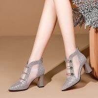 COD dsdgfhgfsdsss 2021 New Style Spring Large Size Womens Boots Thick Heel Pointed Toe Breathable Net Women Mid-Heel Rhinestone Hollow Cap Sand