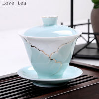 Celadon hand-painted golden ceramic cover bowl teacup large portable teacup exquisite household three-color bowl Kung Fu tea set