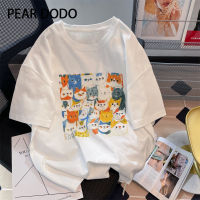 PEAR DODO คอกลมแขนสั้นพิมพ์ลายแมวเสื้อยืดคอปกโอเวอร์ไซส์สไตล์เกาหลี