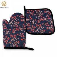 Cute Floral Oven Mitt and Pot holder Set Heat Resistant Non Slip Kitchen Gloves with Inner Cotton Layer for Cooking BBQ Baking