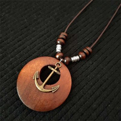 JDY6H Handmade Metal Hollow Owl Leaf Charms Necklace Women Brown Long Wax Rope Sweater Necklaces With Wood Pendant