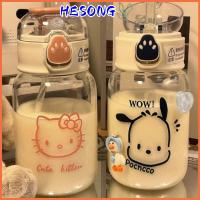 HESONG คุโรมิ ขวดน้ำพร้อมหลอด Cinnamoroll อะนิเมะ แก้วน้ำดื่มแก้ว แบบพกพาได้ กันรั่วซึม ขวดน้ำการ์ตูนอะนิเมะ เด็กนักเรียนชายหญิง