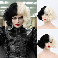 New CRUELLA De Vil Cosplay Wig Half White Half Black Synthetic Short Wavy Wigs With Bangs For Women Heat Resistant Natural Hair