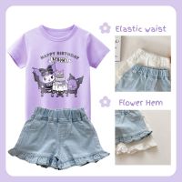 Girls Suits 2023 Summer Kids Sets Korean Version Cute Cartoon Pattern Short Sleeves Denim Shorts Fashion Babys Clothes