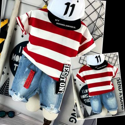 【CC】 Baby Set Top and Pants Denim Kids Boy T-shirt Jeans with Patches Crew Neck Tracksuits