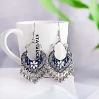 Boho Gypsy Tassel Indian Drop Earrings 2020 Women Orecchini Jewelry Ladies Retro Blue Flower Silver Color Jhumka Earrings