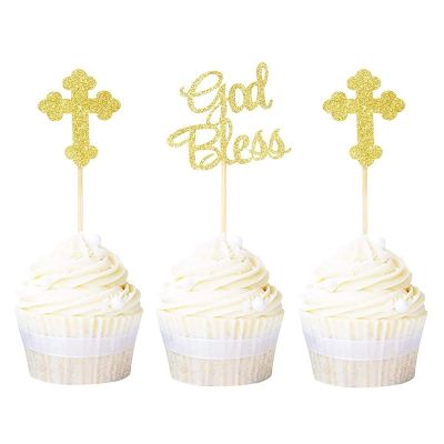 【CW】❍✠  12pcs Bless Toppers Baptism Decorations Glitter Dessert Up Baby Birthday