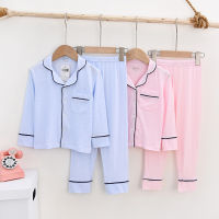 2022 Kids Summer Pajamas Childrens Homwear Single Button Blouse+Solid Pants Boys Girls Long Sleeve Sleepwear