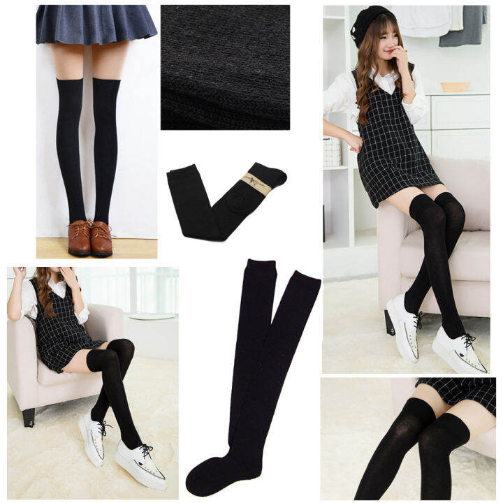 long-cotton-socks-over-the-knee-ถุงเท้าผ้าฝ้ายยาวเหนือเข่า-สีดำ-ถุงเท้าแฟชั่นใส่เที่ยว-ถุงเท้าเพื่อการแสดง