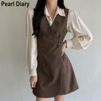 Korean Fashion Dress Sets Vintage Two Piece Set Women Long Sleeve Shirt Blouses + Vest Tunic Mini Dress Elegant 2 Piece Outfits