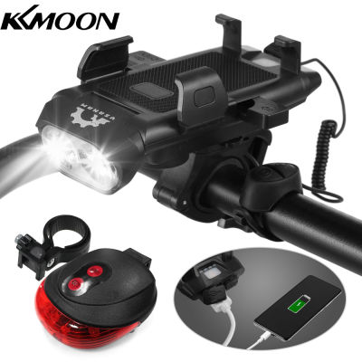 KKmoon ชุดไฟจักรยานไฟหน้าและไฟท้ายจักรยาน4 In 1 USB ชาร์จใหม่ได้กันน้ำจักรยาน LED ไฟหน้าพร้อมที่วางโทรศัพท์ฮอร์นจักรยานพลังงานมือถือสำหรับการขี่จักรยานเสือภูเขาถนน