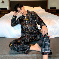 Autumn Elastic Waist Men Sleepwear print Mens pyjamas Silk Mens Pajamas Set Long Sleeve Nightwear Print Long Pant Homewear Set