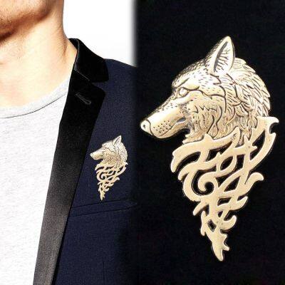 Vintage Punk Men Wolf Pattern Badge Brooch Hollow Sculpture Lapel Pin Shirt Suit Collar Jewelry Adhesives Tape