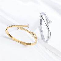 【YF】 Luxury Unique Double Crystal Nail Head Cross Stainless Steel Bracelet For Woman Love Wedding Gift Bangle Jewelry