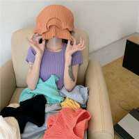 Best clothes(พร้อมส่ง/ใหม่)รุ่น#002-1​เสื้อครอปคอกลมแขนสั้นไหมพรมสีพื้นสไตล์เกาหลี