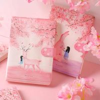 A5 Notebook cute Cherry blossoms Cat Magnetic Buckle Small Fresh PU Leather Diary Student Color Page Girl Heart Hand Book