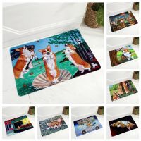 【PPQ Home Life Museum】 Welsh Corgi Pembroke Dog Non-Slip Soft Flannel Carpet Decor Oil Painting Animal Doormat Floor Door Mat For Hallway Kitchen Room