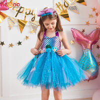 【Cw】Girls Flower Mermaid Fancy Tutu Dress Headband Costume Kids Princess Robe Birthday Party Hallowee Clothes Tulle Vestidos