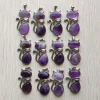 Wholesale 12pcslot new Fashion good quality natural amethysts stone cat shape pendants for jewelry making free shipping