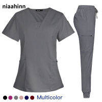 V-Neck Womens Scrubs ชุดหมอพยาบาลชุดคลินิก V คอแขนสั้นเสื้อกางเกง Lab เสื้อผ้าทำงาน Workwear