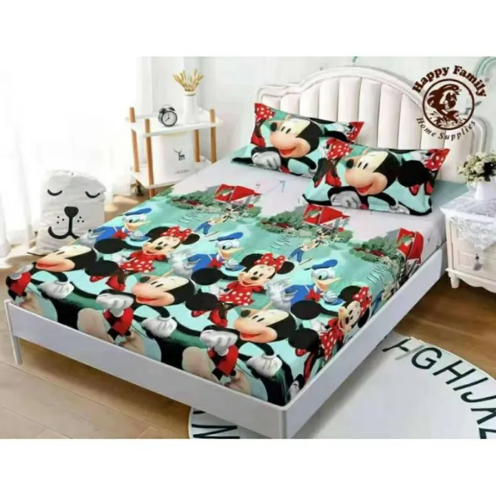 Plastic Home 3 in 1 Mickery Green Cartoon Character Bedsheet With 2