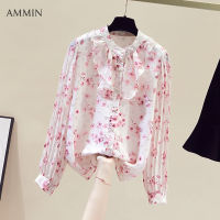 AMMIN 2021คอกลมฤดูใบไม้ผลิอ่อนโยนใหม่สไตล์หวานและอายุ-ลด Ruffled Elegant เสื้อผู้หญิงสไตล์เกาหลียาวแฟชั่นดอกไม้พิมพ์ชีฟองเสื้อ Ins Tops