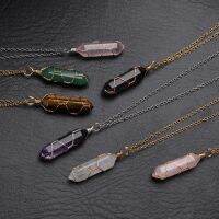 ♠ Trend Natural Stone Hexagon Crystal Necklaces Amethyst Opal Hexagonal Column Pendant Necklace for Women Wire Wrap Jewelry