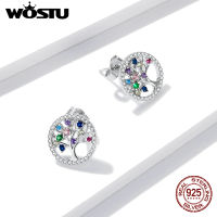 WOSTU Real 925 Sterling Silver Colorful Tree of Life Stud Earrings Rainbow Earrings For Women Fashion Silver Jewelry CTE497