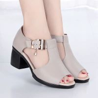 ✑❈ xing lu nan Womens Peep Toe Sandals Roman shoes Thick Heel Shoes All-match Thick Heel Leather Shoes