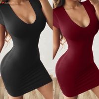 COD DSFGRDGHHHHH Fashion Women Slim Short Sleeve O Neck Solid Color Casual Low Cut Mini Beach Dress Sexy Badycon Dress