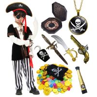 Kids Deluxe Pirate Costume Pirate Costume Toy Pirate Sword Compass Gold Coins Diamonds Pirate Accessories for Halloween Party