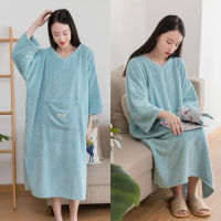 Plus Size Large Bath Towel With Pocket Women Wearable Quick Dry Miraculous Bathrobe Hair Cap Microfiber Soft Long Sleeve Robe