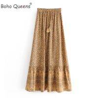 【CW】 Boho  Beach Leopard Floral Print Rayon Cotton Pleasted Skirt Waist A Skirts