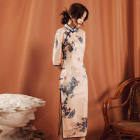 【CW】2021 Cheongsam Chinese Dress Vintage Floral Print Qipao Women Traditional Qipao Long Robe Short Sleeve Party Dressess