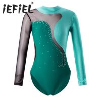 ❁❂♗ Kids Girls Sports Gymnastics Workout Leotard Long Sleeves Shiny Rhinestone Ballet Dance Jumpsuit Bodysuit for Performance Dance