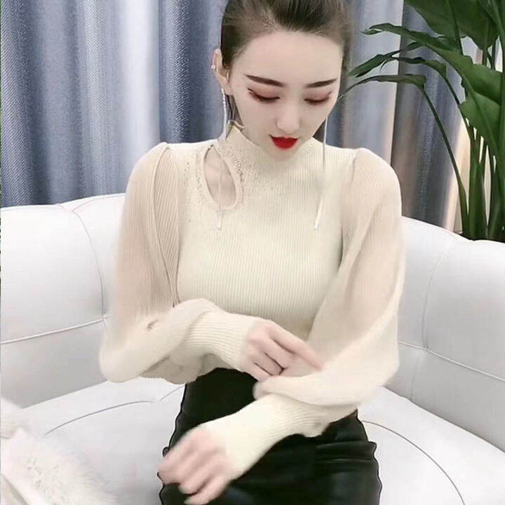 แฟชั่นเสื้อผู้หญิงใหม่เสื้อถักเซ็กซี่ของผู้หญิงคอสูงแขนยาวทันสมัยและหลากหลาย