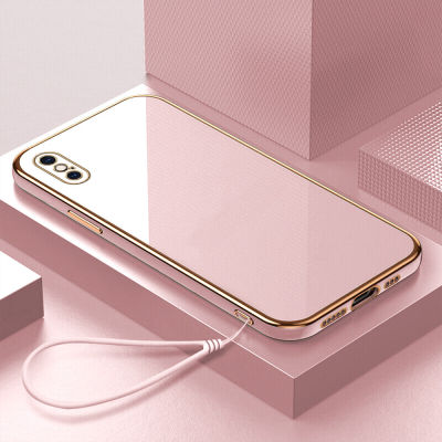(คลังสินค้าพร้อม) เคสเคสมือถือสำหรับ iPhone XS MAX พร้อมด้วยฟรีสายคล้อง + สีทึบแบบเรียบง่ายขอบสี่เหลี่ยมชุบฝาหลังแบบนิ่ม